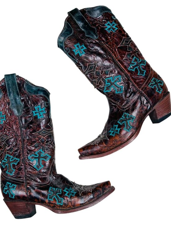 Corral Boots Shoes - Corral Whiskey Turquoise Three Cross Snip Toe Boots 8.5M Women Brown Teal Wester